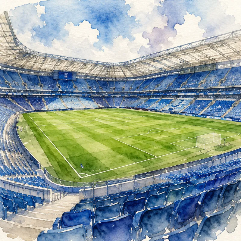 Näkymä tyhjälle jalkapallokentälle stadionin katsomosta