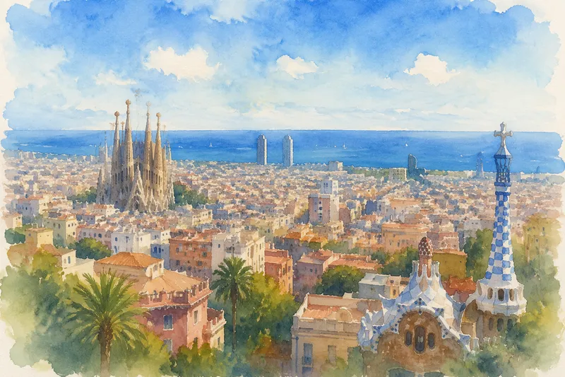 Barcelonan kaupunkinäkymä ja Välimeri Barcelonan kaupunkinäkymä ja Välimeri