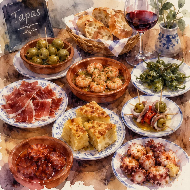 Erilaisia espanjalaisia tapaksia puupöydällä Erilaisia espanjalaisia tapaksia puupöydällä