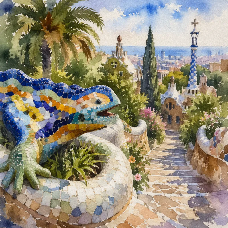 Park Güellin mosaiikkiteos ja puistomaisema Park Güellin mosaiikkiteos ja puistomaisema