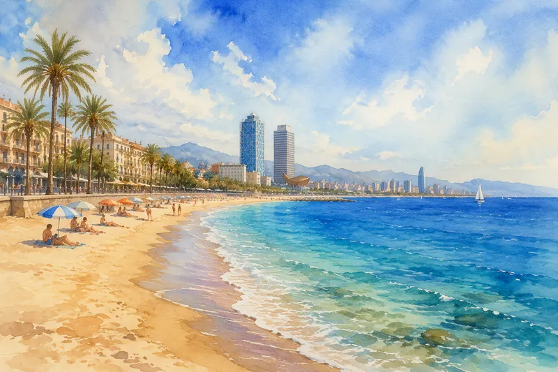 Aurinkoinen Barcelonan hiekkaranta ja Välimeri