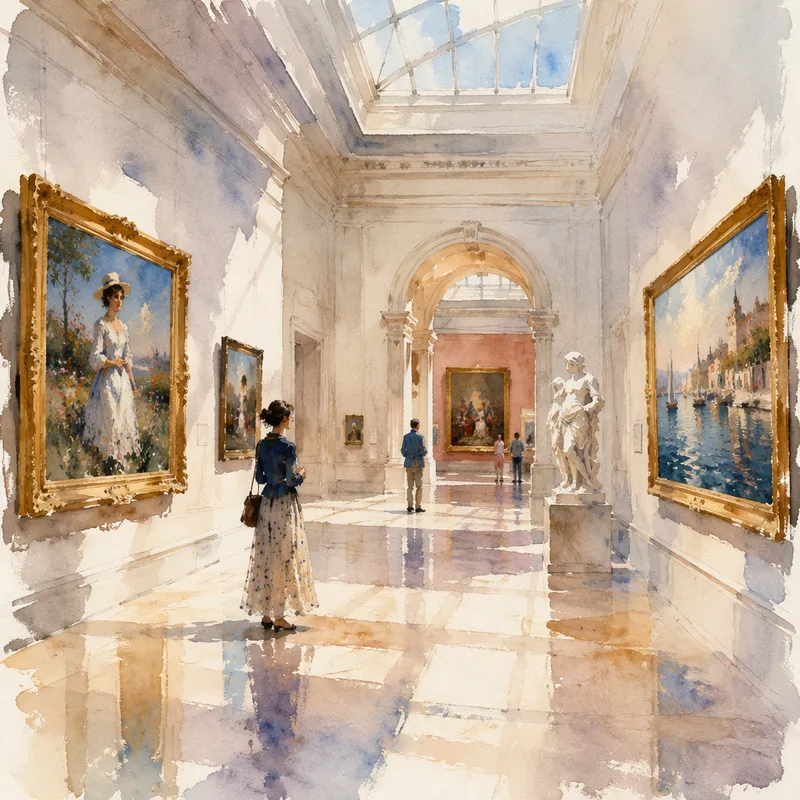 Valoisa taidemuseon galleriatila ja maalauksia