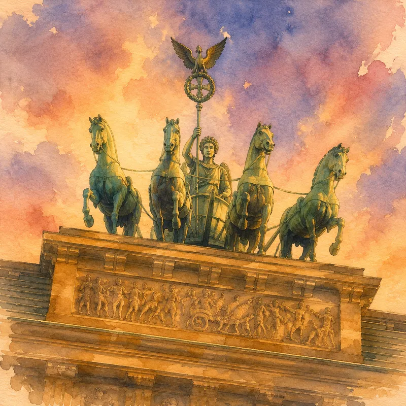 Quadriga-veistos portin päällä iltavalaistuksessa Quadriga-veistos portin päällä iltavalaistuksessa