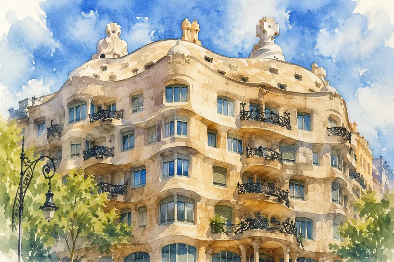 Casa Milàn aaltoileva kivijulkisivu ja parvekkeet