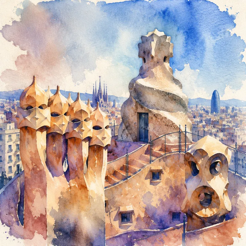 Casa Milàn kattoterassin erikoiset ja taiteelliset savupiiput