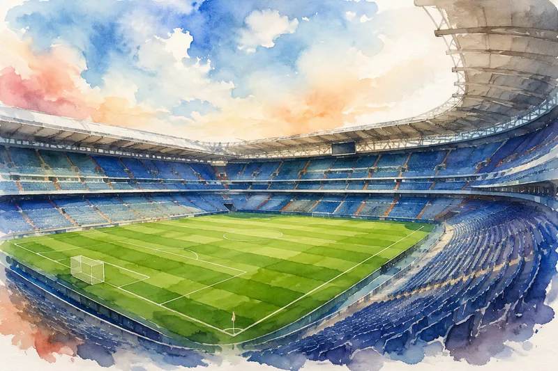 Jalkapallostadionin vihreä kenttä ja katsomo