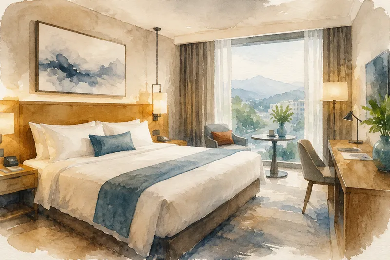 Moderni hotellihuone ja mukava sänky