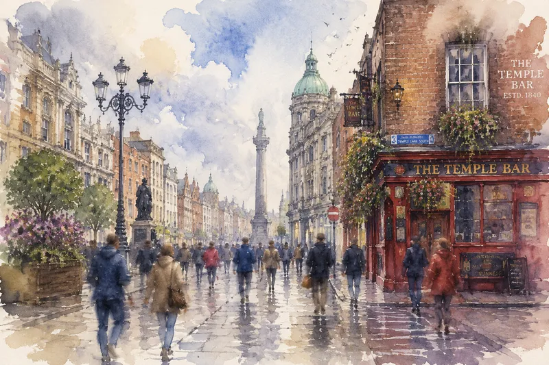 Kävelykatu Dublinin keskustassa historiallisten rakennusten välissä Kävelykatu Dublinin keskustassa historiallisten rakennusten välissä