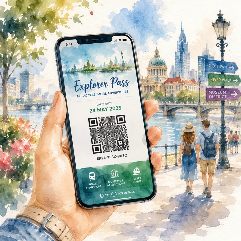 Älypuhelin jossa näkyy digitaalinen matkailupassi