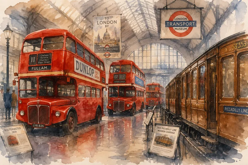 Historialliset punaiset bussit ja vanhat metrojunat museossa