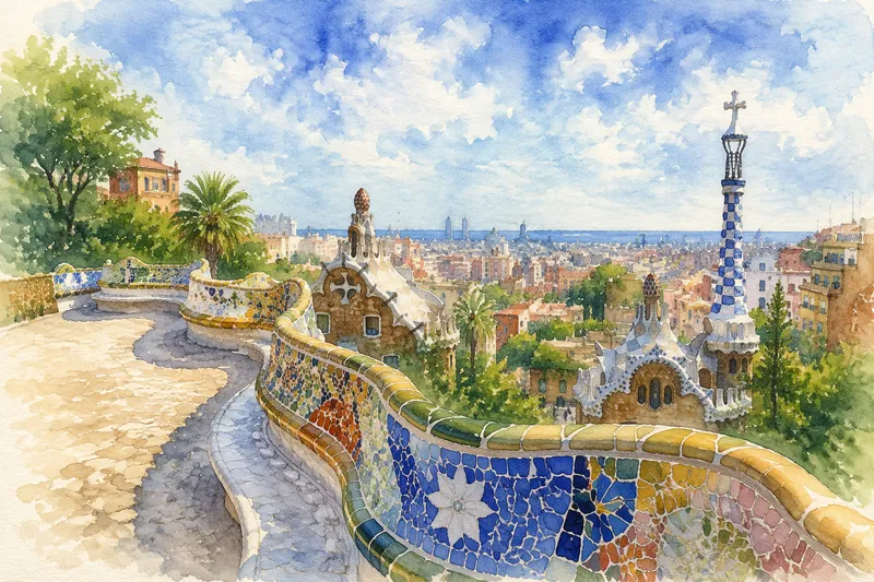 Värikäs mosaiikkipenkki ja näkymä Barcelonan ylle