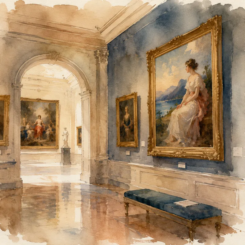 Taidegalleria ja historiallisia maalauksia seinillä Taidegalleria ja historiallisia maalauksia seinillä