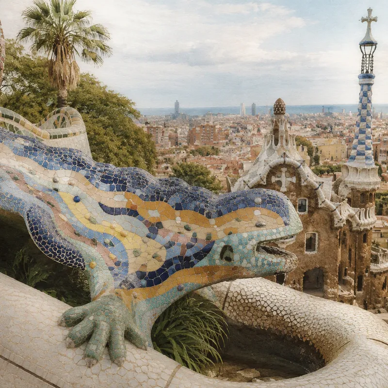 Värikäs mosaiikkiveistos Park Guell puistossa akvarellina