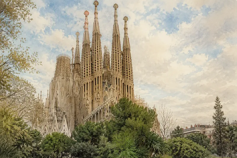 Sagrada Familia kirkon tornit akvarellityylillä
